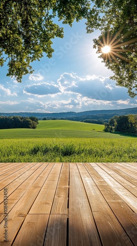 A peaceful wooden deck surrounded by lush green trees and a vibrant landscape...
