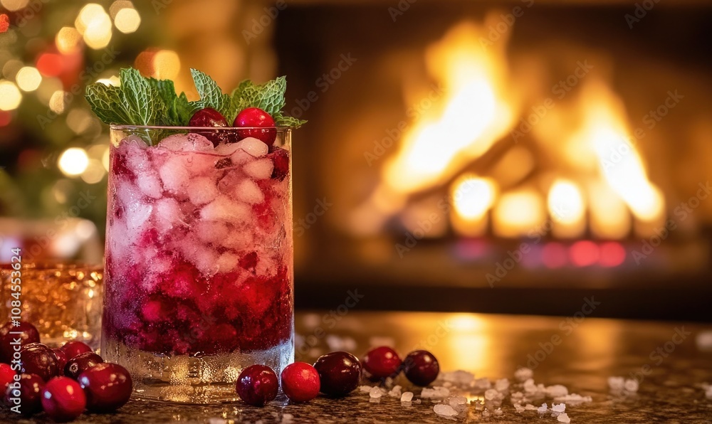A glass of red drink with ice cubes and cranberries on a table A glass of red drink with ice cubes and cranberries on a table