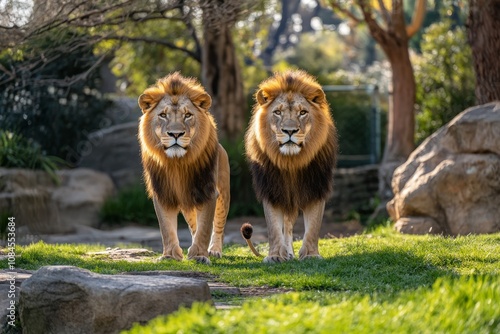 Two majestic lions stand side by side in a natural habitat during a cloudy day
