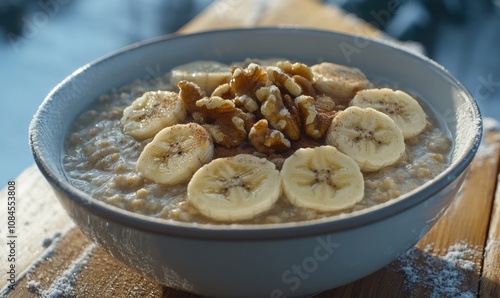A bowl of oatmeal with bananas and walnuts