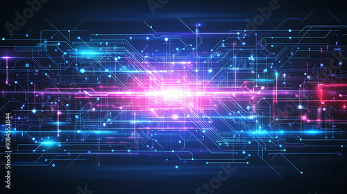 Abstract circuit board background with neon blue and purple lines Digital technology concept, banner design