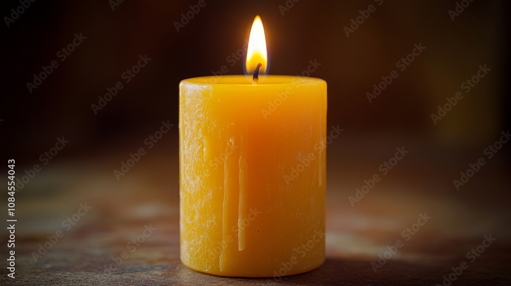 Serene yellow candle with flame glowing in a dim setting Serene yellow candle with flame glowing in a dim setting