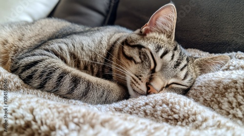 A cozy tabby cat peacefully napping on a soft blanket in a warm living room s...