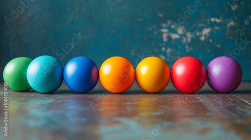 Colorful spherical objects arranged on a wooden surface outdoors during daytime