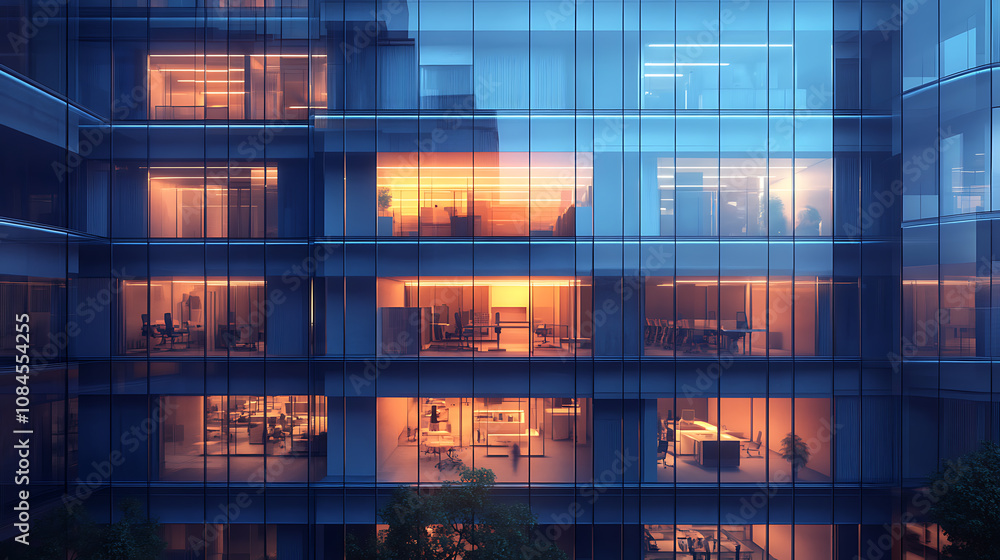 Modern office building exterior with glass windows and a blue color scheme, in the golden hour lighting Modern office building exterior with glass windows and a blue color scheme, in the golden hour lighting