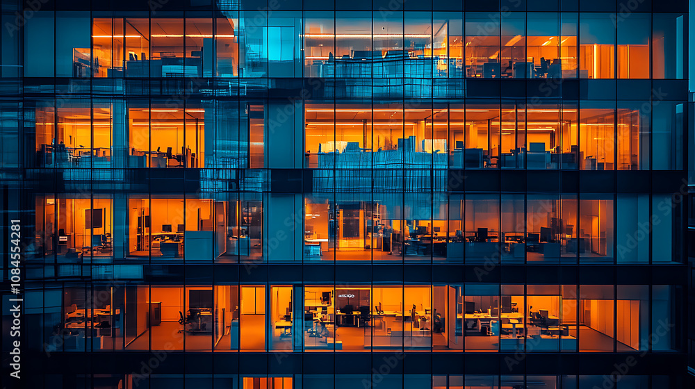Modern office building exterior with glass windows and a blue color scheme, in the golden hour lighting Modern office building exterior with glass windows and a blue color scheme, in the golden hour lighting