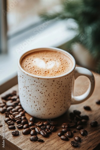 A white coffee cup surrounded by coffee beans on a wooden table with plants i...