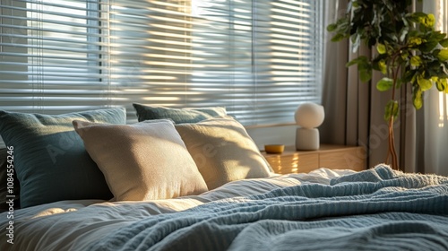 Cozy bedroom with natural light and soft textures in a tranquil setting