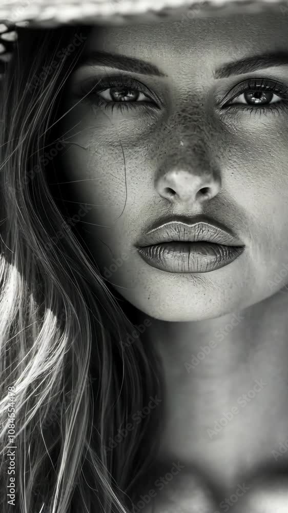 A close-up black and white photograph captures a woman's face A close-up black and white photograph captures a woman's face