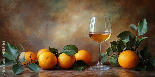 On a wooden table, several vibrant oranges are placed alongside a glass fille...