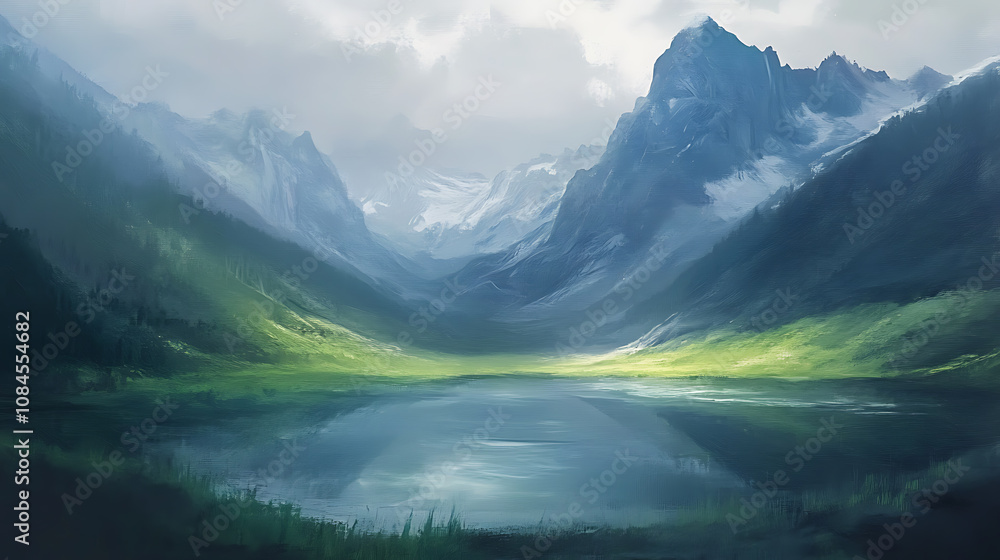 Fototapeta premium Mountain landscape, lake in the mountains on the horizon, pastel drawing