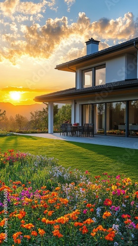 Beautiful wooden house surrounded by vibrant flowers in a sunny garden during...
