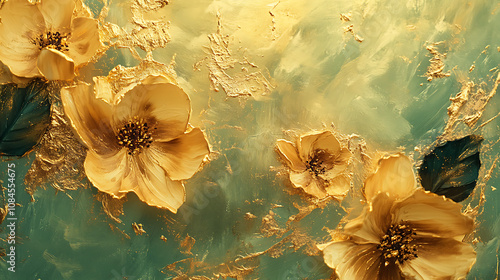 Fototapeta Naklejka Na Ścianę i Meble -  Abstract oil painting with flowers, leaves and luminous golden texture, modern art print