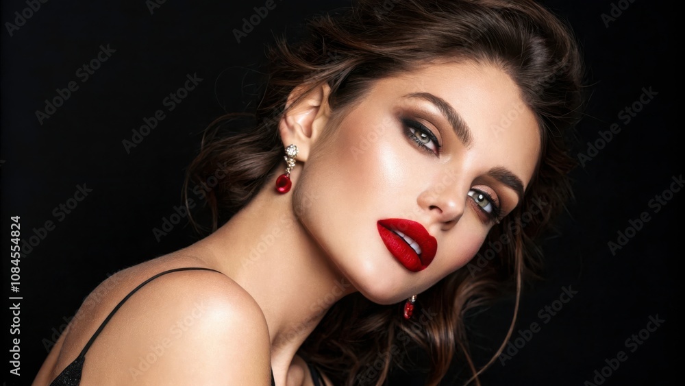 Beautiful Woman With Elegant Makeup and Red Lips Poses Gracefully Against a Dark Background. Generative AI Beautiful Woman With Elegant Makeup and Red Lips Poses Gracefully Against a Dark Background. Generative AI