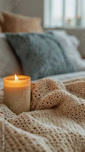 Cozy bedroom setting with a lit candle on a soft blanket and a view of natura...