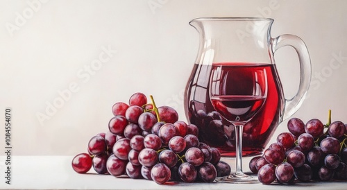 A pitcher and a glass of red wine surrounded by fresh grapes on a textured su...