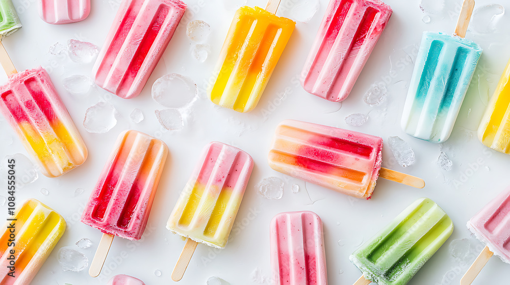 Colorful ice cream popsicle pattern on white background cute and playful style bright colors with soft gradients Colorful ice cream popsicle pattern on white background cute and playful style bright colors with soft gradients
