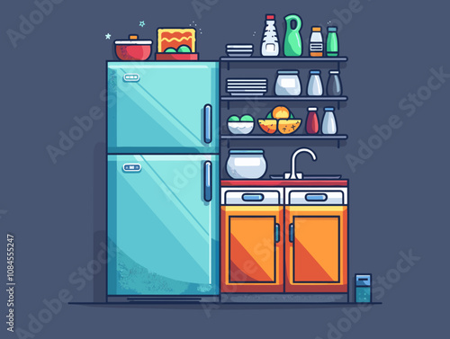 Cartoon kitchen with a blue refrigerator and orange cabinets. The refrigerator is full of food and the cabinets are full of dishes