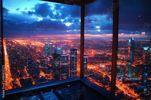 Stunning city view from a high rise building at dusk highlighting illuminated...