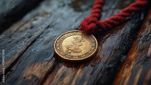 Antique chinese coin hanging on a red string necklace