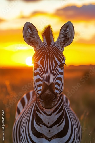 A zebra stands majestically against a vibrant sunset in a golden savannah lan...