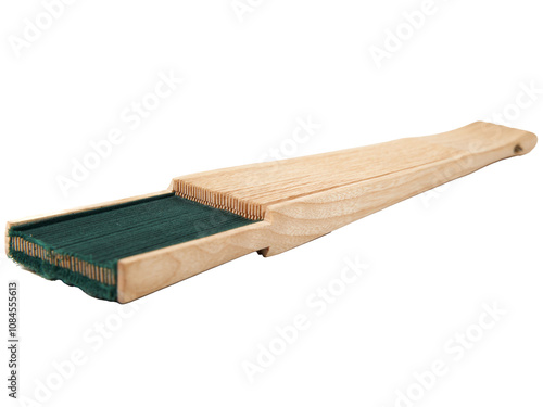 Isolated spanish style timber and cloth green fan for hot summer days. Cut out transparent png