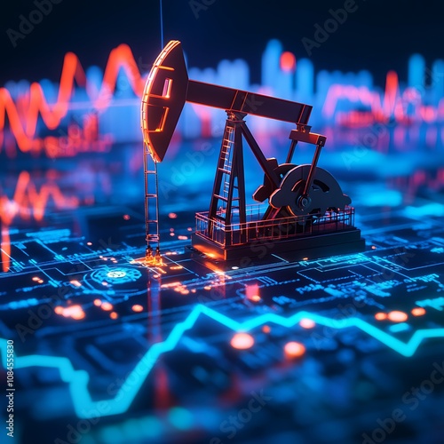 Oil Pump Jack Against Futuristic Digital Financial Graph Photo photo