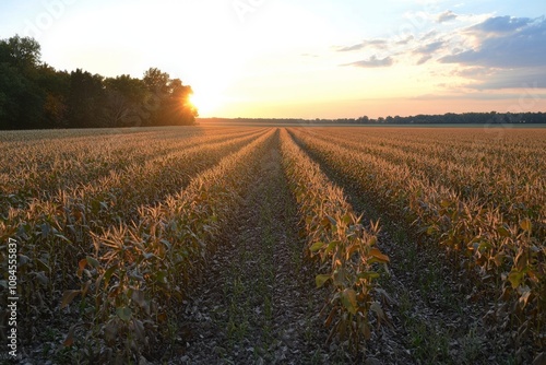 Golden wheat field at sunset with clouds illuminating the sky in peaceful cou...