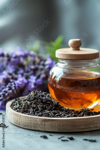 Glass jar of herbal tea next to dried lavender and fresh flowers on a wooden ...