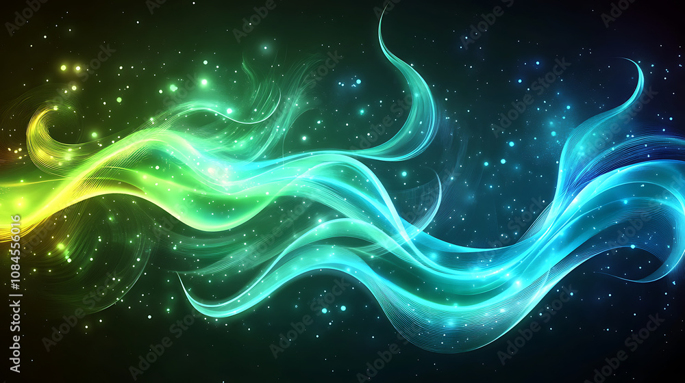 An abstract illustration showcasing a green and blue wave light effect, creating a magical luminous glow on a dark background with neon motion lines