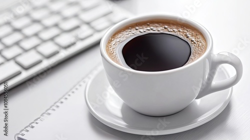 Photo of freshly brewed coffee in a white cup next to a keyboard and a notebook on a clean desk.