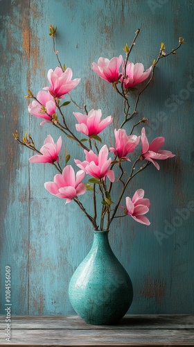A bouquet of pink tulips in a rustic vase on a wooden table against a texture...