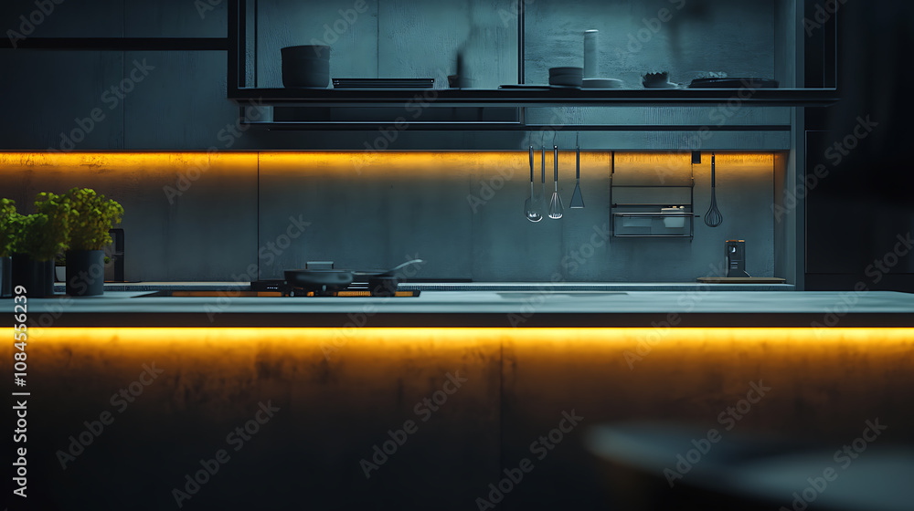 During the night, modern kitchen with a minimalist design and high-end materials like concrete and glass is lit by LED strips, Basic kitchen utensils made of premium materials complement the kitchen During the night, modern kitchen with a minimalist design and high-end materials like concrete and glass is lit by LED strips, Basic kitchen utensils made of premium materials complement the kitchen