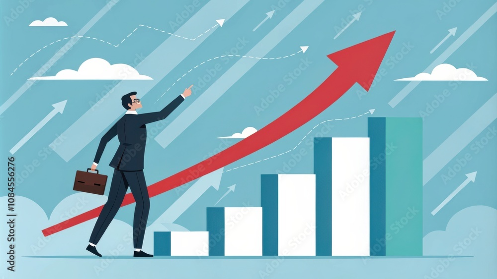 Business Professional Walking Towards Growth Chart With Upward Trend in Corporate Environment. Generative AI Business Professional Walking Towards Growth Chart With Upward Trend in Corporate Environment. Generative AI