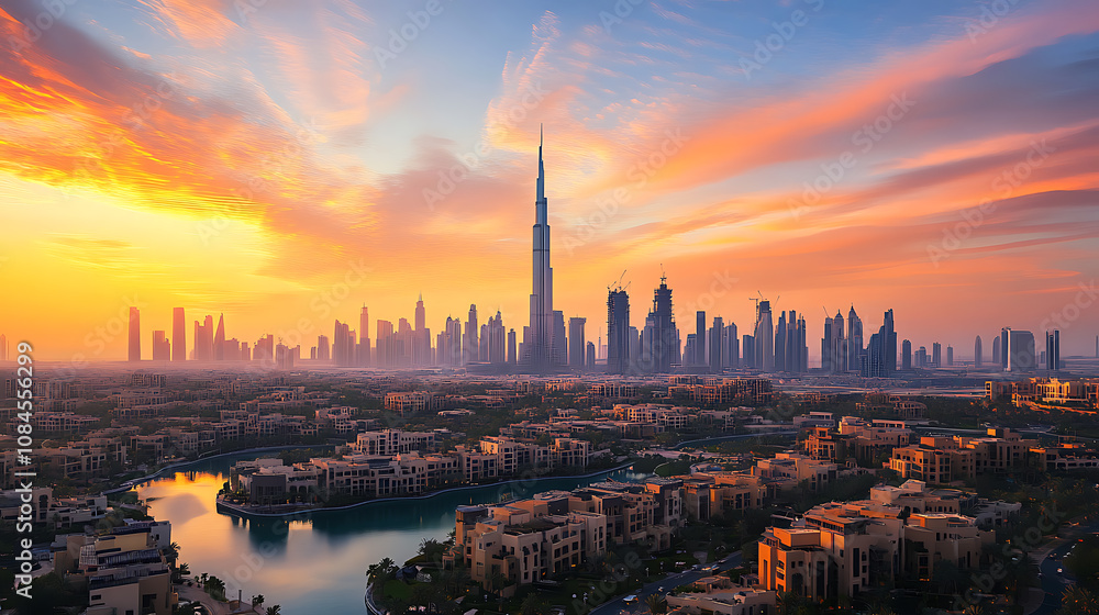 Fototapeta premium The Dubai desert is beautifully depicted at sunset, capturing the serene and vast landscape of the United Arab Emirates