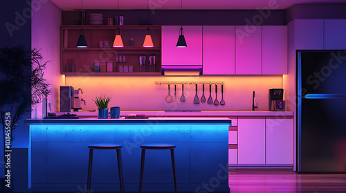 During the night, modern kitchen with a minimalist design and high-end materials like concrete and glass is lit by LED strips, Basic kitchen utensils made of premium materials complement the kitchen photo