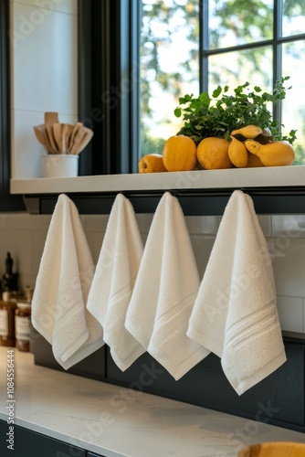 Bright kitchen with white towels, lemon fruit, and natural light during the day