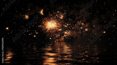 Holiday fireworks above water with reflection on the black sky background photo