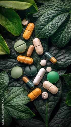 Capsules of various colors resting on green leaves in a natural setting durin...