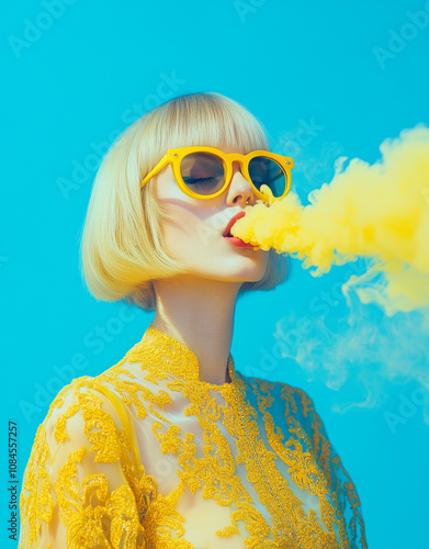 A woman with a yellow bob haircut, wearing sunglasses and blowing yellow smoke from her mouth, against a light blue background.