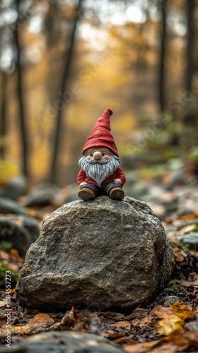 A whimsical gnome statue on a rock surrounded by colorful autumn foliage in a...