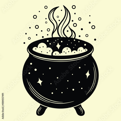 A black and white illustration of a cauldron with bubbling liquid   silhouette Vector