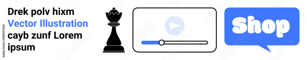 Chess piece with text on the left, a video player in the center, and a speech bubble with shop button on the right. Ideal for e-commerce, tutorials, shopping, education, and marketing. Banner Chess piece with text on the left, a video player in the center, and a speech bubble with shop button on the right. Ideal for e-commerce, tutorials, shopping, education, and marketing. Banner