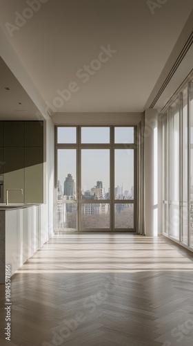 Modern minimalist interior showcasing large windows with a city skyline view ...