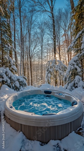 A serene hot tub surrounded by snowy trees in a winter landscape during dusk