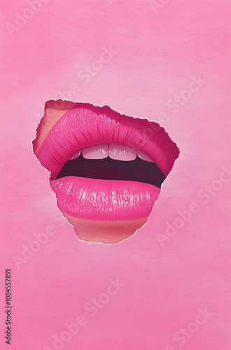 Pink lips peeking through a hole in pink paper, with a pastel aesthetic.