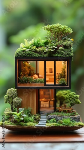A miniature house with greenery and plants on the roof displayed in a serene ...