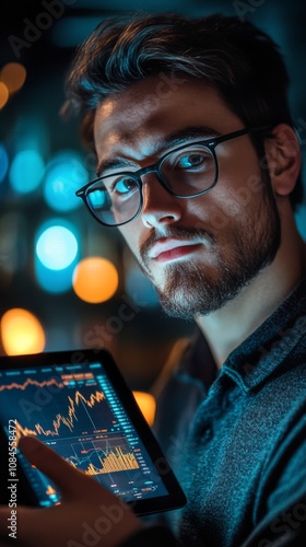 Young man analyzing financial data on a tablet in a dimly lit room during eve...