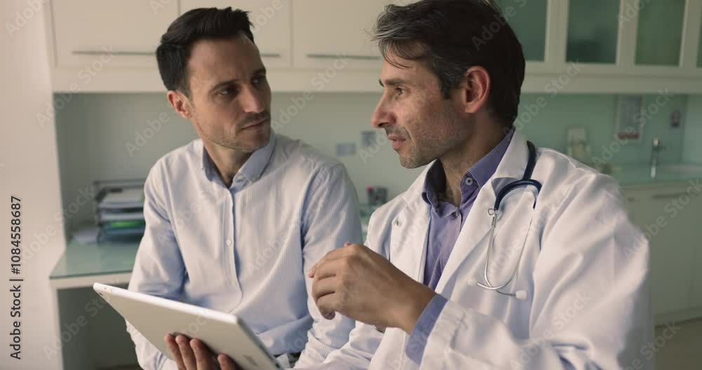 Serious middle-aged Latin GP therapist talking to patient, using tablet, accessing electronic health records system, update treatment plan, showing health test result, share forecast. Tech, medicine Serious middle-aged Latin GP therapist talking to patient, using tablet, accessing electronic health records system, update treatment plan, showing health test result, share forecast. Tech, medicine