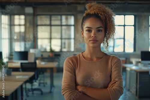 A young woman stands confidently in a modern office space during daylight hours